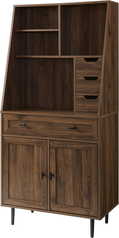 Walker Edison Secretary Hutch Wood Desk with Keyboard Drawer Bookshelf Storage Home Office Storage Cabinet, 64 Inch, Dark Walnut - LeafyLoom