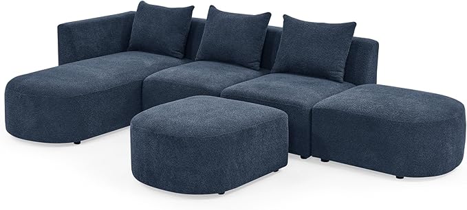 113" L-Shape Sectional Side Chaise and Ottoman, Modular Sofa, DIY Combination, Loop Yarn Fabric for Living Room, Apartment, 113inch, Blue Left - LeafyLoom