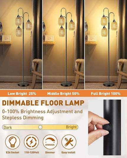 AKASUKI 3 Lights Artificial Rattan Floor Lamps for Living Room, Metal Standing Lamp with Handmade Rope Lampshades, Stepless Dimmable Boho Floor Lamp for Living Room Bedroom, 3 PCS 6W Bulbs Included - LeafyLoom