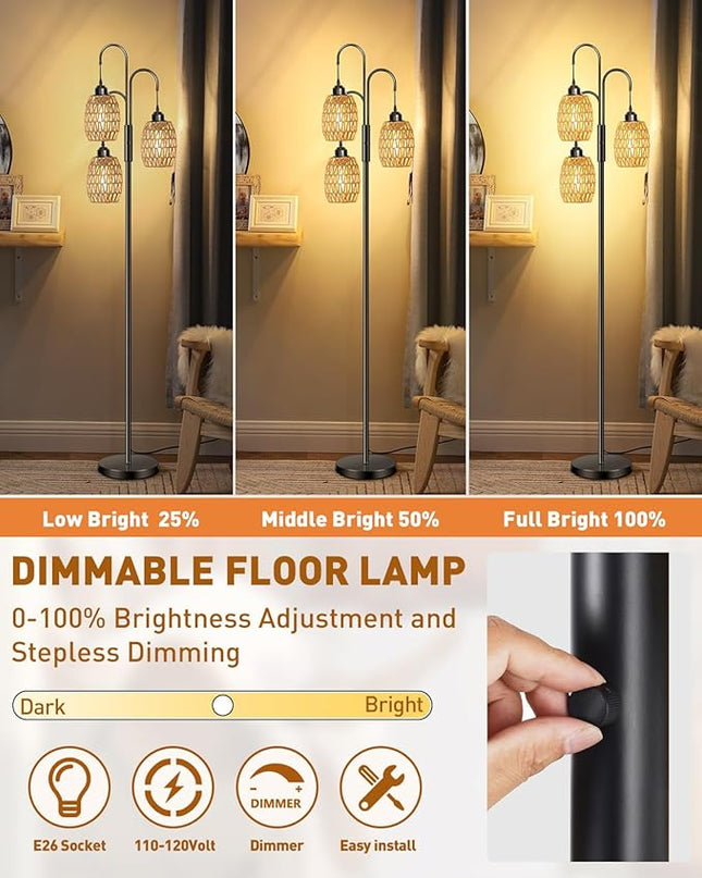 AKASUKI 3 Lights Artificial Rattan Floor Lamps for Living Room, Metal Standing Lamp with Handmade Rope Lampshades, Stepless Dimmable Boho Floor Lamp for Living Room Bedroom, 3 PCS 6W Bulbs Included - LeafyLoom