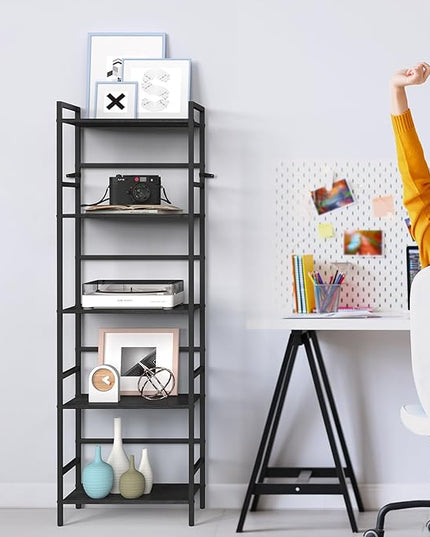 CADUKE Black Tall Bookcase 5 Tier Book Shelf for Bedroom Industrial Bookshelf with Storage Book Shelves for Kids Room Standing Office Bookshelves and Bookcases for Bedroom Living Room - LeafyLoom