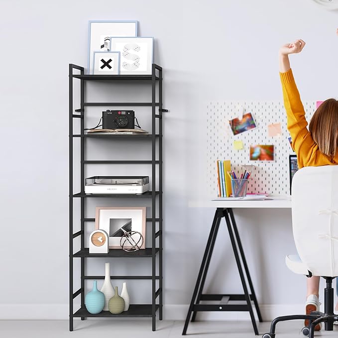 CADUKE Black Tall Bookcase 5 Tier Book Shelf for Bedroom Industrial Bookshelf with Storage Book Shelves for Kids Room Standing Office Bookshelves and Bookcases for Bedroom Living Room - LeafyLoom