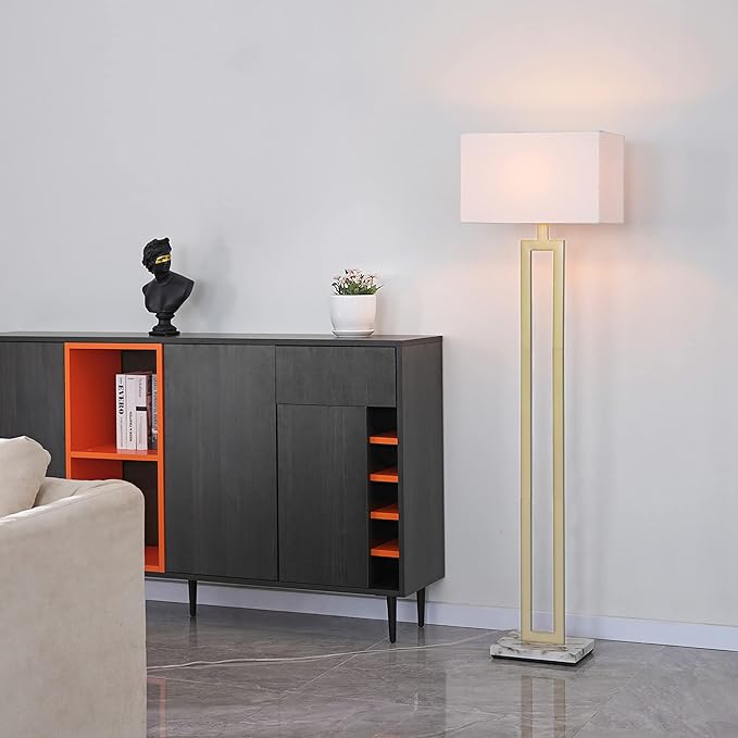 Globe Electric 12273 D'Alessio 58" Floor Lamp, Gold, White Linen Shade, Faux Marble Base, On/Off Socket Rotary Switch, Title 20 LED Bulb Included - LeafyLoom