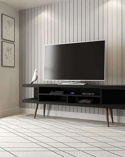 Manhattan Comfort Utopia 70.47" Freestanding Entertainment Center for Living Room, Mid Century Modern TV Stand with Shelves, Storage and Media Holes, Fits 65" Screens, 70.47 Inches, Black - LeafyLoom