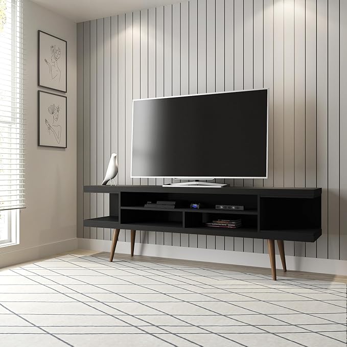 Manhattan Comfort Utopia 70.47" Freestanding Entertainment Center for Living Room, Mid Century Modern TV Stand with Shelves, Storage and Media Holes, Fits 65" Screens, 70.47 Inches, Black - LeafyLoom