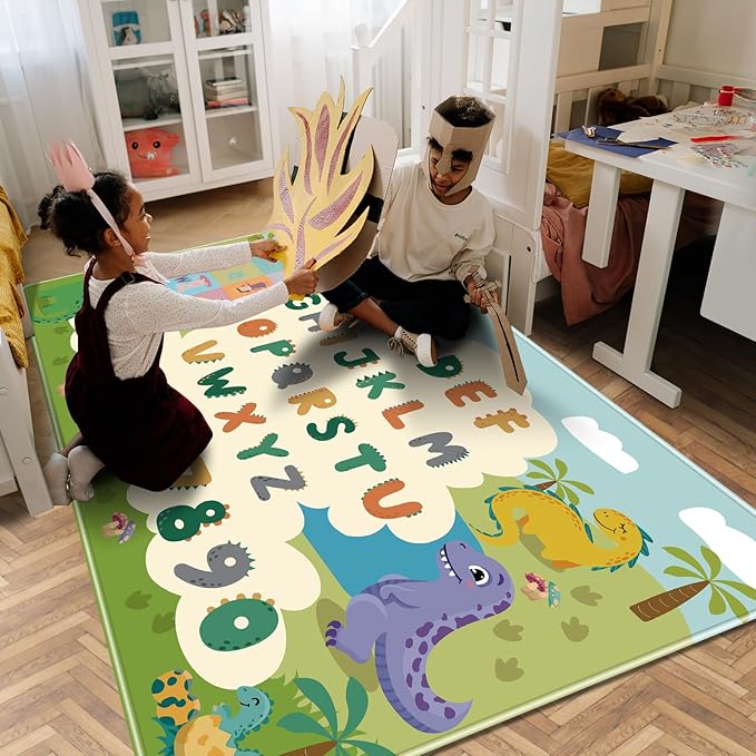 Kids Rug for Playroom,78.7 X 59 Inch Dinosaur Kids Play Mat ABC Classroom Rug,Non-Slip Cute Alphabet Rug Soft Kids Floor Mats Carpet,Toddler Baby Playroom Mat for Kids Room Classroom Playroom - LeafyLoom