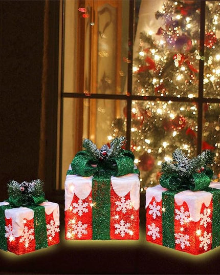 [Large 10"x8.5"x6.5" Christmas Set of 3 Lighted Gift Boxes Decorations Pre-lit 70 Super-Bright LED with Flashers,for Indoor Outdoor Christmas Tree Skirt Ornament Pathway Holiday Party Home GLOWNOVA