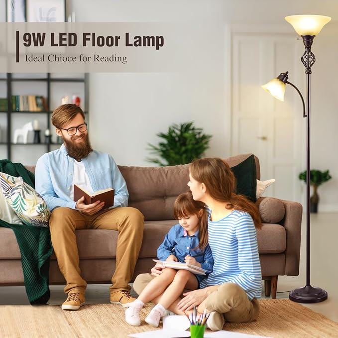Floor Lamp, Standing Lamp with Adjustable Side Reading Light, Floor Lamps for Living Room with Glass Shade 72-Inch Torchiere Tall Lamps Decor for Bedroom Living Room Den Office (Bulb Included) - LeafyLoom