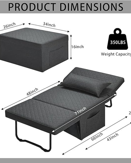 Sofa Bed, 4 in 1 Multi-Function Folding Ottoman Breathable Linen Couch Bed with Adjustable Backrest Modern Convertible Chair for Living Room Apartment Office,Squared-Linen Dark Grey - LeafyLoom