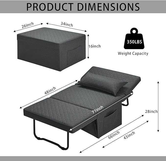 Sofa Bed, 4 in 1 Multi-Function Folding Ottoman Breathable Linen Couch Bed with Adjustable Backrest Modern Convertible Chair for Living Room Apartment Office,Squared-Linen Dark Grey - LeafyLoom