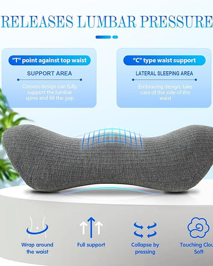 Lumbar Support Pillow - Memory Foam for Low Back Pain Relief, Ergonomic Streamline Car Seat, Office Chair, Recliner and Bed (Dark Gray) - LeafyLoom