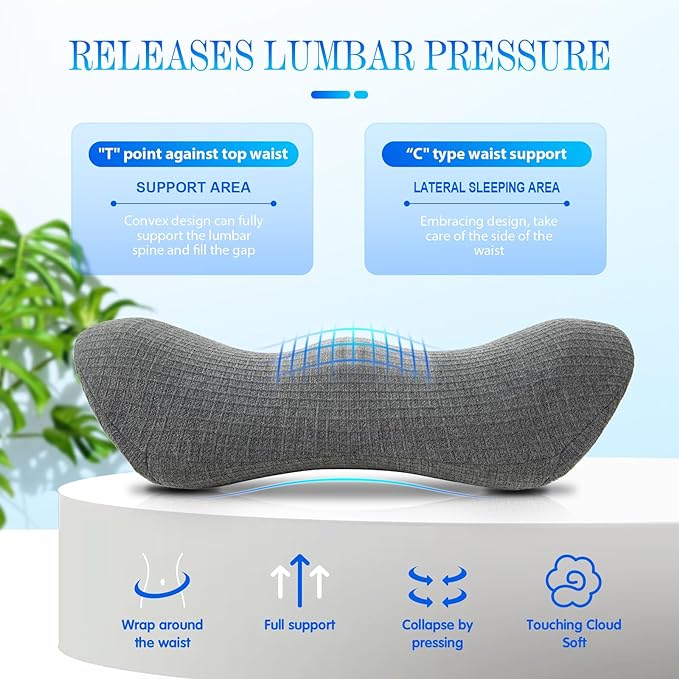 Lumbar Support Pillow - Memory Foam for Low Back Pain Relief, Ergonomic Streamline Car Seat, Office Chair, Recliner and Bed (Dark Gray) - LeafyLoom