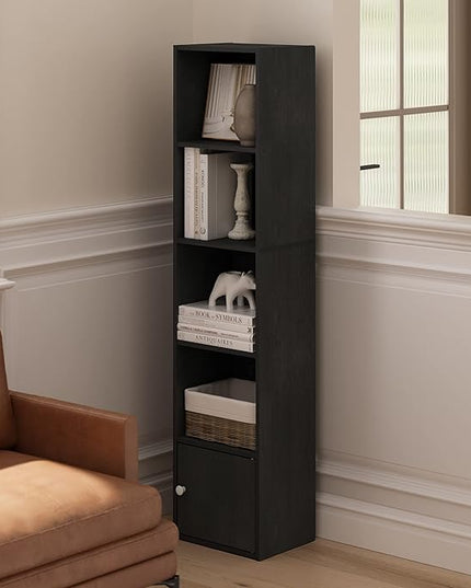 Furinno Luder Shelf Bookcase with 1 Door Storage Cabinet, Blackwood - LeafyLoom