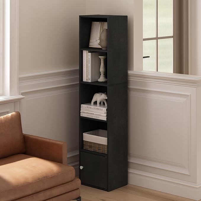 Furinno Luder Shelf Bookcase with 1 Door Storage Cabinet, Blackwood - LeafyLoom