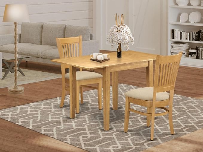 East West Furniture Norden 3 Piece Room Furniture Set Contains a Rectangle Kitchen Table with Dropleaf and 2 Linen Fabric Upholstered Dining Chairs, 30x48 Inch, Oak - LeafyLoom