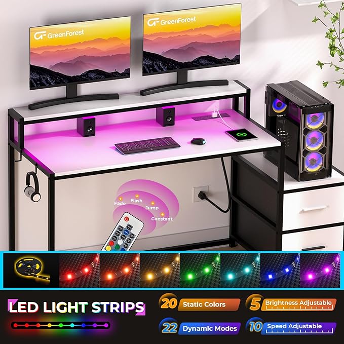 GreenForest Small Desk for Bedroom, 39.4 inch Computer Desk with 2 Drawers, Gaming Desk with LED Light and Power Outlet, Reversible Office Desk with Monitor Stand, Desk for Small Spaces, White - LeafyLoom