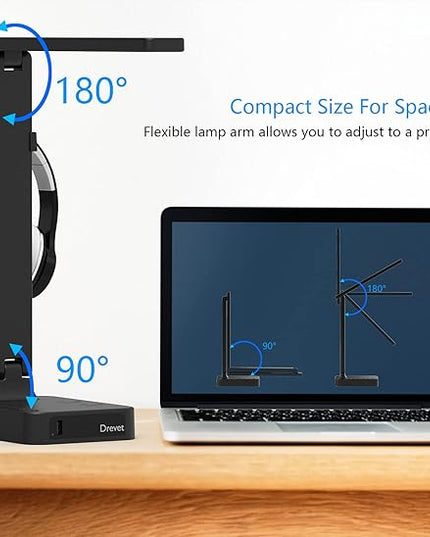Drevet LED Desk Lamp with Headphone Stand, Desk Light with 1 USB Charging Port and 2 AC Power Outlet, 3 Lighting Modes, 3 Level Brightness,1H Timer, Memory Function, Eye-Caring Gaming Desk Lamp - LeafyLoom