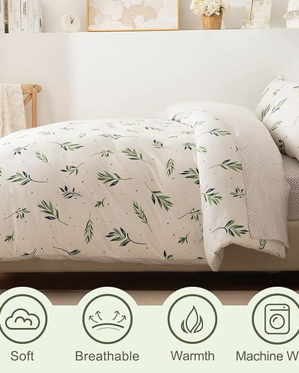 EMME Queen Comforter Set - Sage Green Floral Bedding Set 7 PCS with Nature Leaves Pattern, Soft Leaf Printed Botanical Bed Set with Sheets, Fluffy Bed Bag for All Season(90"X90") - LeafyLoom
