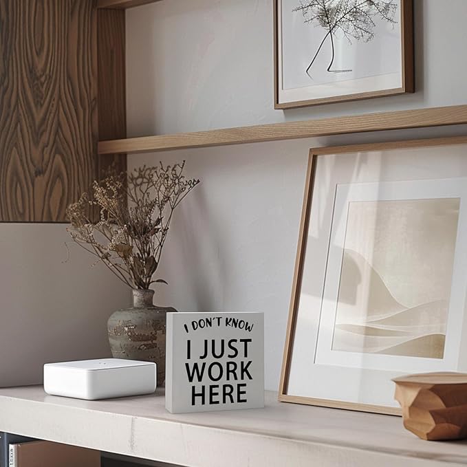 Funny Quotes Wood Box Sign I Don’t Know I Just Work Here Office Signs for Desk Funny Office Desk Accessories Funny Signs for Office Decorative Signs for Home Decor Work Office Decor (5x5inch) - LeafyLoom