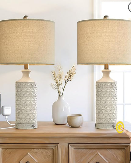 PoKat 24" Modern Contemporary Ceramic Lamp Set of 2 for Living Room White Desk Decor Lamps for Bedroom Farmhouse Bedside Nightstand End Table Lamps, White - LeafyLoom