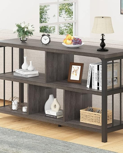 IBF Industrial 5 Cube Storage Organizer Bookshelf, Rustic Low Horizontal Book Shelf, Metal and Wood Cube Bookcase for Bedroom, Modern Wide Cubby Shelf for Living Room Home Office, Dark Grey Oak, 47 In - LeafyLoom
