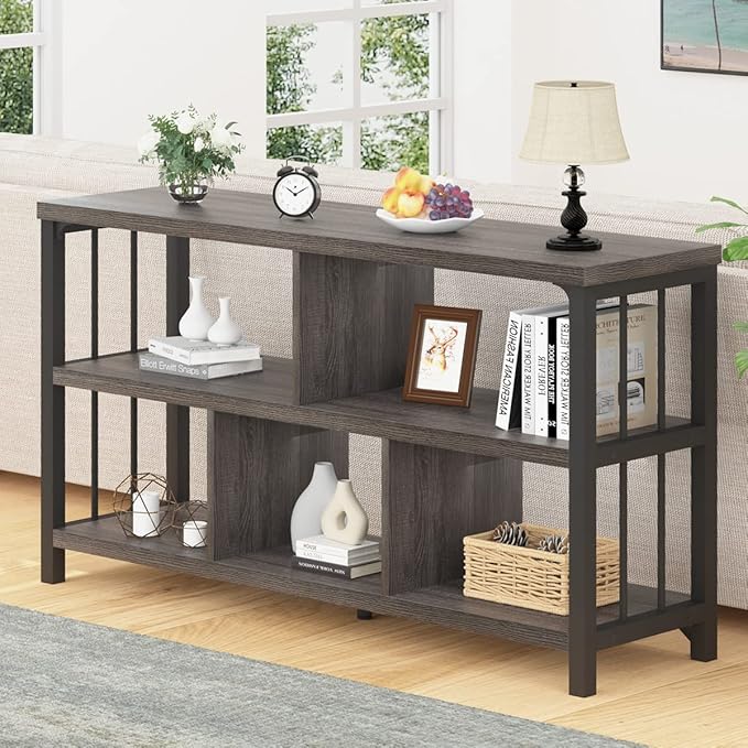 IBF Industrial 5 Cube Storage Organizer Bookshelf, Rustic Low Horizontal Book Shelf, Metal and Wood Cube Bookcase for Bedroom, Modern Wide Cubby Shelf for Living Room Home Office, Dark Grey Oak, 47 In - LeafyLoom