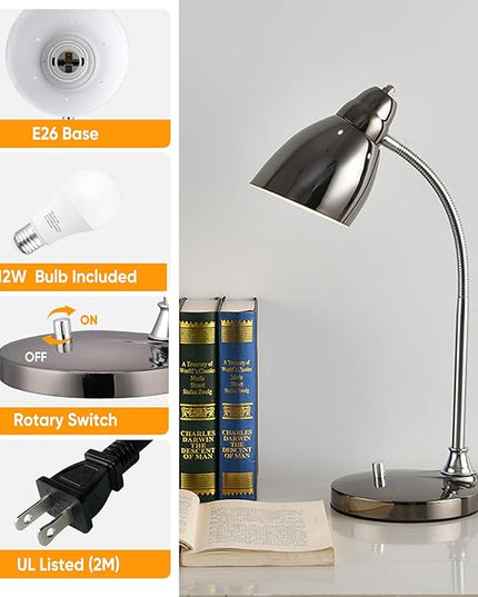 Desk Lamp for Home Office, 40W (Max) E26 LED Vintage Table Lamp with 12W Color Changing Bulb Flexible Desk Light with Rotary Switch for Study Room Bedroom Bedside Reading Working, Black Chrome - LeafyLoom