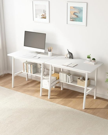2-Person Writing Desk with Bookshelf - 94" Wooden Extra Long Home Office Work Table, Double Study Computer Workstation with Storage Shelves in White, 94" W x 24" D - LeafyLoom