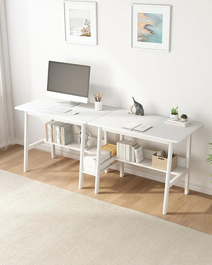2-Person Writing Desk with Bookshelf - 110" Wooden Extra Long Home Office Work Table, Double Study Computer Workstation with Storage Shelves in White, 110" W x 24" D - LeafyLoom