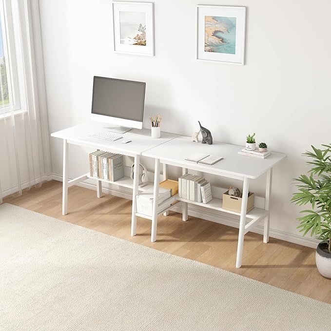 2-Person Writing Desk with Bookshelf - 110" Wooden Extra Long Home Office Work Table, Double Study Computer Workstation with Storage Shelves in White, 110" W x 24" D - LeafyLoom