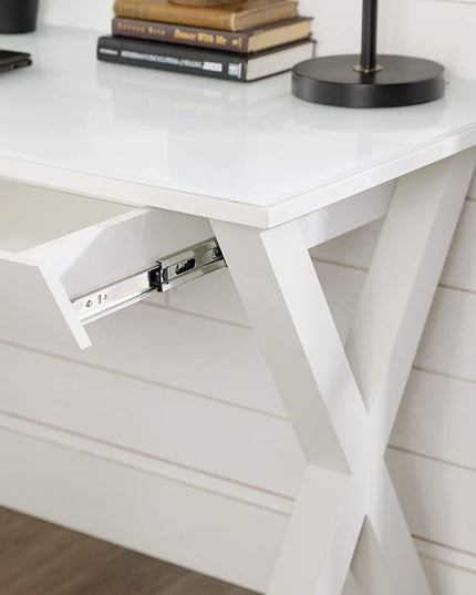 Walker Edison Lawrence Urban Industrial X Leg Glass Top Computer Desk, 48 Inch, White - LeafyLoom
