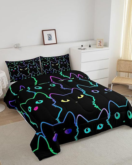 Erosebridal Boys Bedding Cartoon Cat Comforter Set Queen Size,Gradient Line Cute Cat Bedding Set for Kids Teens Girls Adults Room Decor,Lovely Animal Kitten Print Comforter All Season,Rainbow Black - LeafyLoom