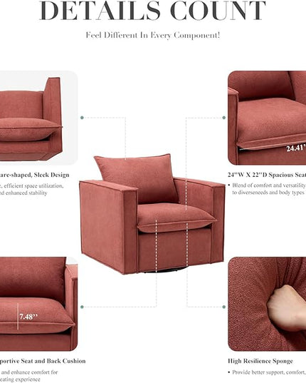 Swivel Accent Chair, 34 Inches Wide Upholstered Arm Chair with Plump Back Pillow, Modern Sofa Living Room Chair for Bedroom, Corner, Reading Nook-Red - LeafyLoom