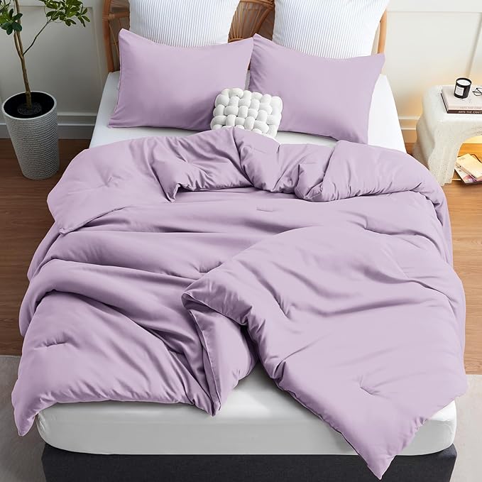 CozyLux Lavender Purple Comforter Set Queen Size, 3 Pieces Solid Breathable Quilted Boho Style Bedding Sets, Luxury Fluffy Soft Microfiber Comforter for All Season(1 Comforter & 2 Pillowcases) - LeafyLoom