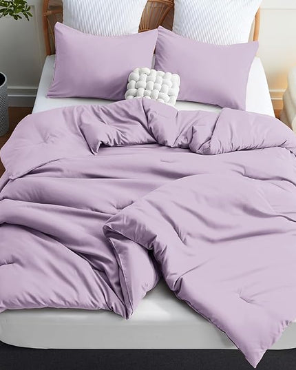CozyLux Lavender Purple Comforter Set Full Size, 3 Pieces Solid Breathable Quilted Boho Style Bedding Sets, Luxury Fluffy Soft Microfiber Comforter for All Season(1 Comforter & 2 Pillowcases) - LeafyLoom