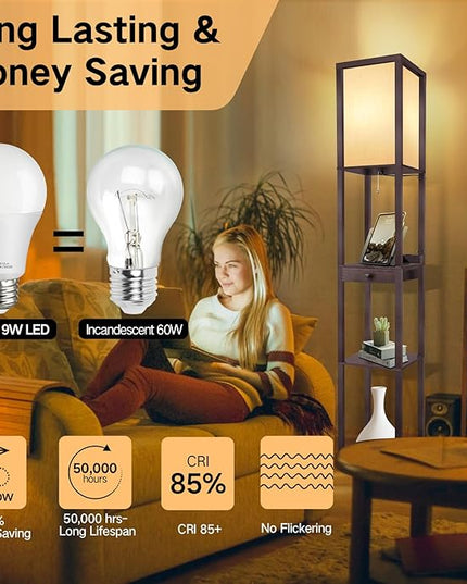 OUTON Deluxe Shelf Floor Lamp with 1 Drawer, 2 USB-C Ports, 2 AC Outlets, LED Modern Floor Lamp with 3 Color Temperature, Storage Display Wood Standing Lamp for Living Room, Bedroom, Office (Walnut) - LeafyLoom