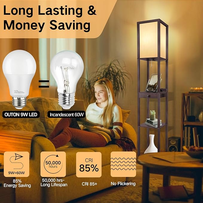 OUTON Deluxe Shelf Floor Lamp with 1 Drawer, 2 USB-C Ports, 2 AC Outlets, LED Modern Floor Lamp with 3 Color Temperature, Storage Display Wood Standing Lamp for Living Room, Bedroom, Office (Walnut) - LeafyLoom
