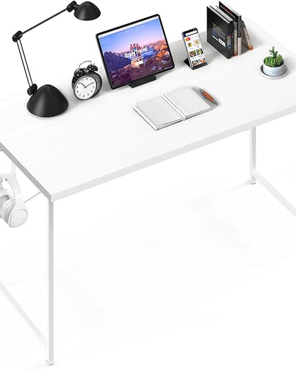 YSSOA Computer Desk Home Office Work Study Writing Modern Simple Table with Headphone Hooks, 47 Inch, Basic White - LeafyLoom