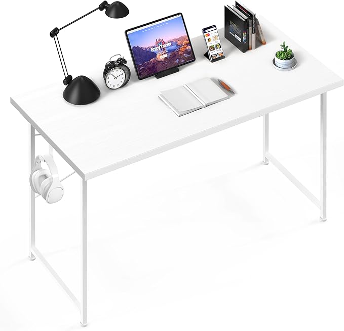 YSSOA Computer Desk Home Office Work Study Writing Modern Simple Table with Headphone Hooks, 47 Inch, Basic White - LeafyLoom