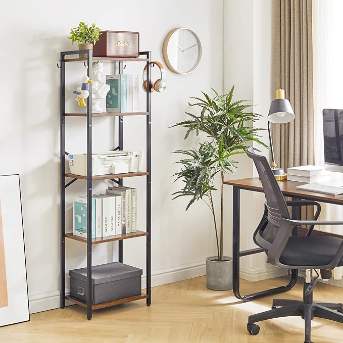 YMYNY Bookshelf, 5-Tier Ladder Shelf Organizer, Narrow Shelving Unit, Corner Storage Racks, Large Capacity Bookcase, for Home Office Living Room Balcony Bathroom, 57.7" H, Metal Frame,UHBC005H - LeafyLoom