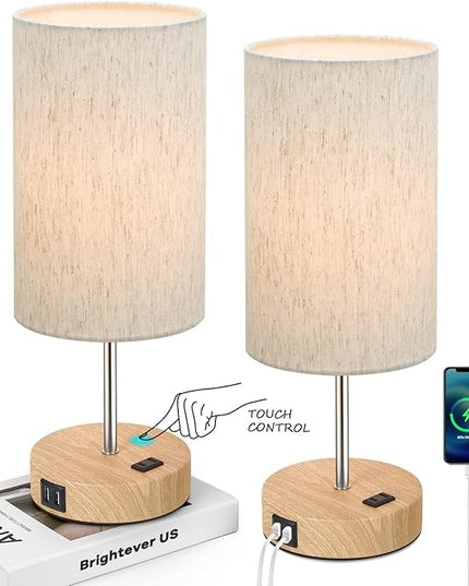 Table Lamps Set of 2 Touch Control, 2 USB Charging Ports&AC Outlet, 3-Way Dimmable Bedside Nightstand Lamp with Flaxen Fabric Shade and Wooden Base for Bedroom, 2-Pack A19 LED Bulbs Included - LeafyLoom
