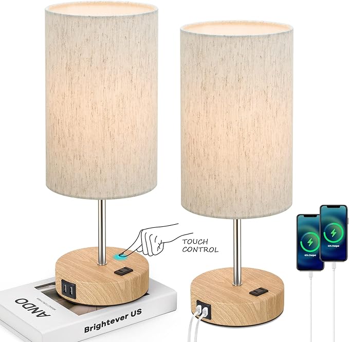 Table Lamps Set of 2 Touch Control, 2 USB Charging Ports&AC Outlet, 3-Way Dimmable Bedside Nightstand Lamp with Flaxen Fabric Shade and Wooden Base for Bedroom, 2-Pack A19 LED Bulbs Included - LeafyLoom