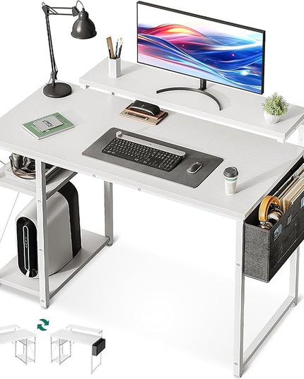 KKL 40 inch Small Computer Desk with Adjustable Monitor Stand, Home Office Desk & Workstation with Storage Shelves, Reversible Work Writing Study Table for Bedroom, White - LeafyLoom