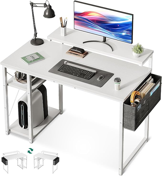 KKL 40 inch Small Computer Desk with Adjustable Monitor Stand, Home Office Desk & Workstation with Storage Shelves, Reversible Work Writing Study Table for Bedroom, White - LeafyLoom