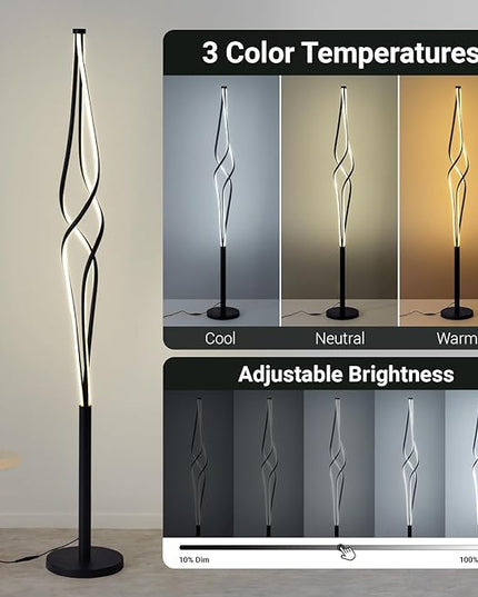 Spiral Floor Lamps for Living Room 70 Inch LED Floor Lamp for Bedroom 34W Dimmable Modern Floor Lamp with Remote Control 3 Color Temperature Black Corner Floor Lamp - LeafyLoom