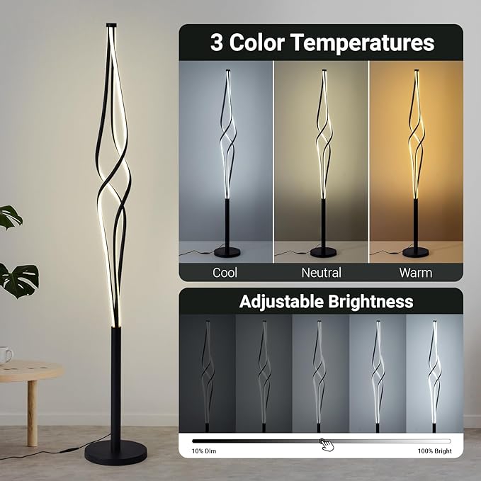 Spiral Floor Lamps for Living Room 70 Inch LED Floor Lamp for Bedroom 34W Dimmable Modern Floor Lamp with Remote Control 3 Color Temperature Black Corner Floor Lamp - LeafyLoom