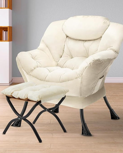 Lazy Chair with Folding Ottoman Modern Large Accent Chair,Contemporary Lounge Leisure Sofa Chair with Armrests Upholstered Sofa Armchair Reading Chair for Bedroom,Dorm & Office,Beige - LeafyLoom