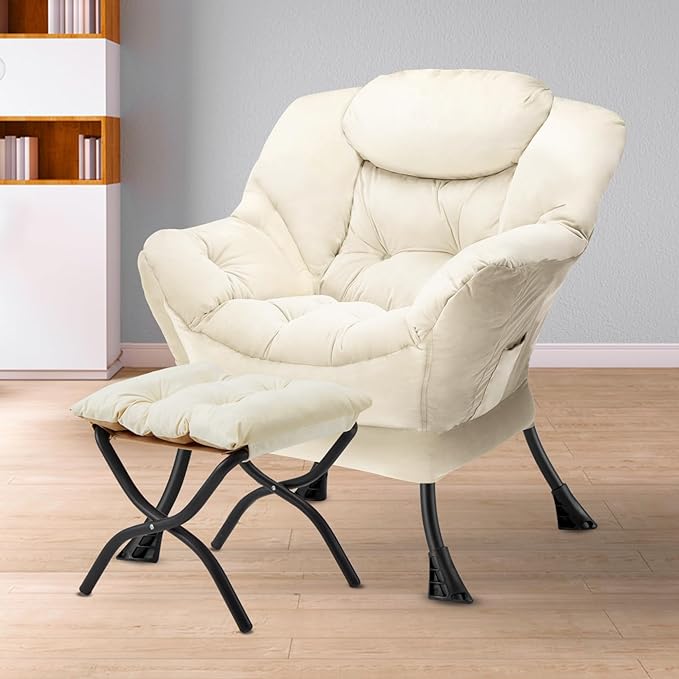 Lazy Chair with Folding Ottoman Modern Large Accent Chair,Contemporary Lounge Leisure Sofa Chair with Armrests Upholstered Sofa Armchair Reading Chair for Bedroom,Dorm & Office,Beige - LeafyLoom