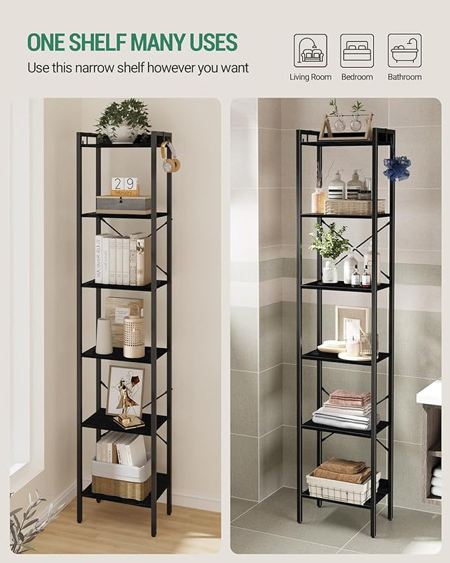 Bookshelf, Book Shelf, Industrial Bookcase with 2 Hooks, Coner Shelf Storage Organizer for Home Office, Living Room, Bedroom, Kitchen, 6-Tier Black BC10704B - LeafyLoom