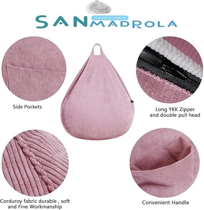 Stuffed Animal Storage Bean Bag Chair Cover (No Beans) for Kids and Adults.Soft Premium Corduroy Stuffable Beanbag for Organizing Children Plush Toys or Memory Foam Extra Large 300L (Pink) - LeafyLoom